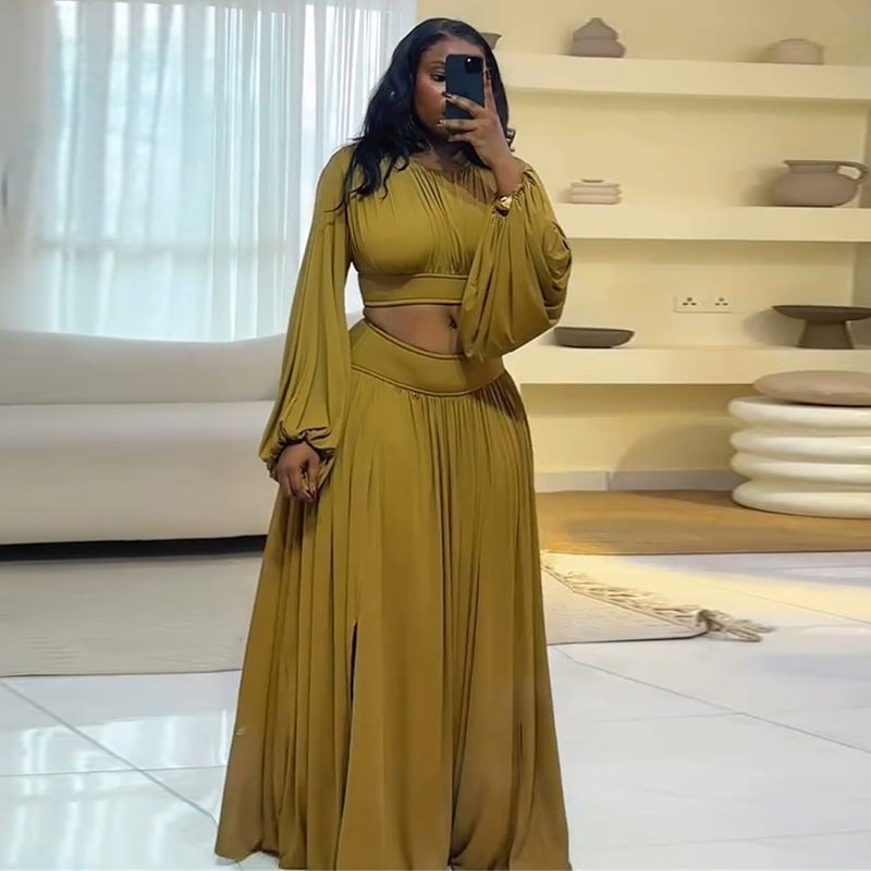 European and american style women's clothing  new sweet round neck lantern sleeve short blouse high waist flared midi skirt two-piece set