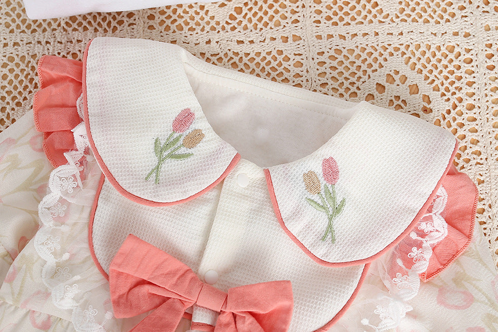 One-piece spring autum double-layer narcissus one-piece baby girl style autum princess khaki can go out and crawl