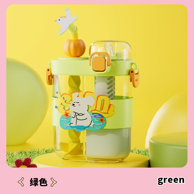 Kids' divided water bottle with stirring function, dual-drink straw cup, portable sports plastic water bottle for students