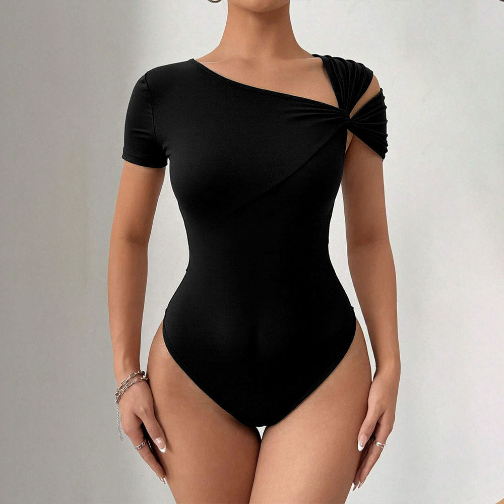 Summer women's asymmetrical one-shoulder twist knot short sleeve slim-fit bodysuit - versatile top for layering or wearing solo - european & american style - cross-border fashion