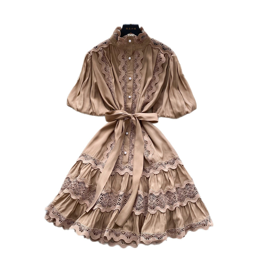 French retro court style chic lace patchwork tie-waist dress - lantern sleeves, slimming a-line skirt