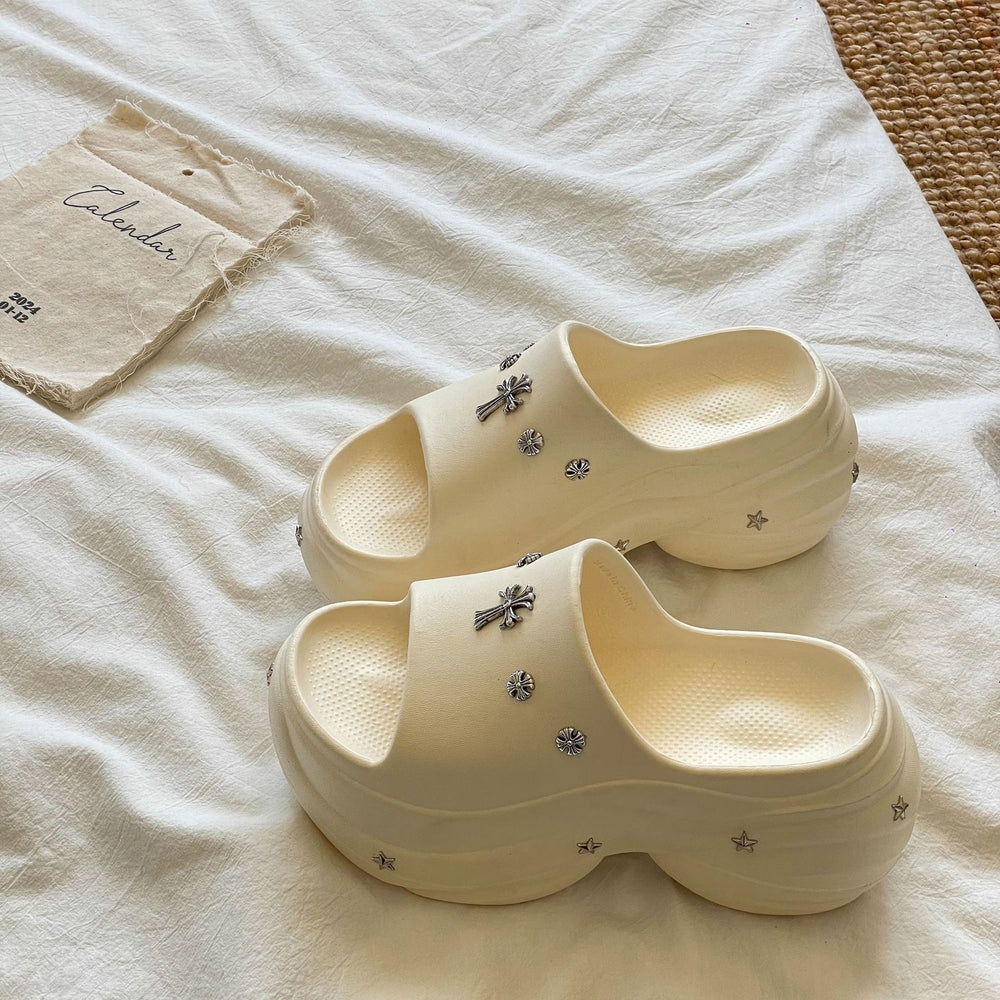 8cm thick sole slippers women's summer new arrivaloutwearfashion shit-stepping one-line slippers french high-heeled women's shoes beach shoes