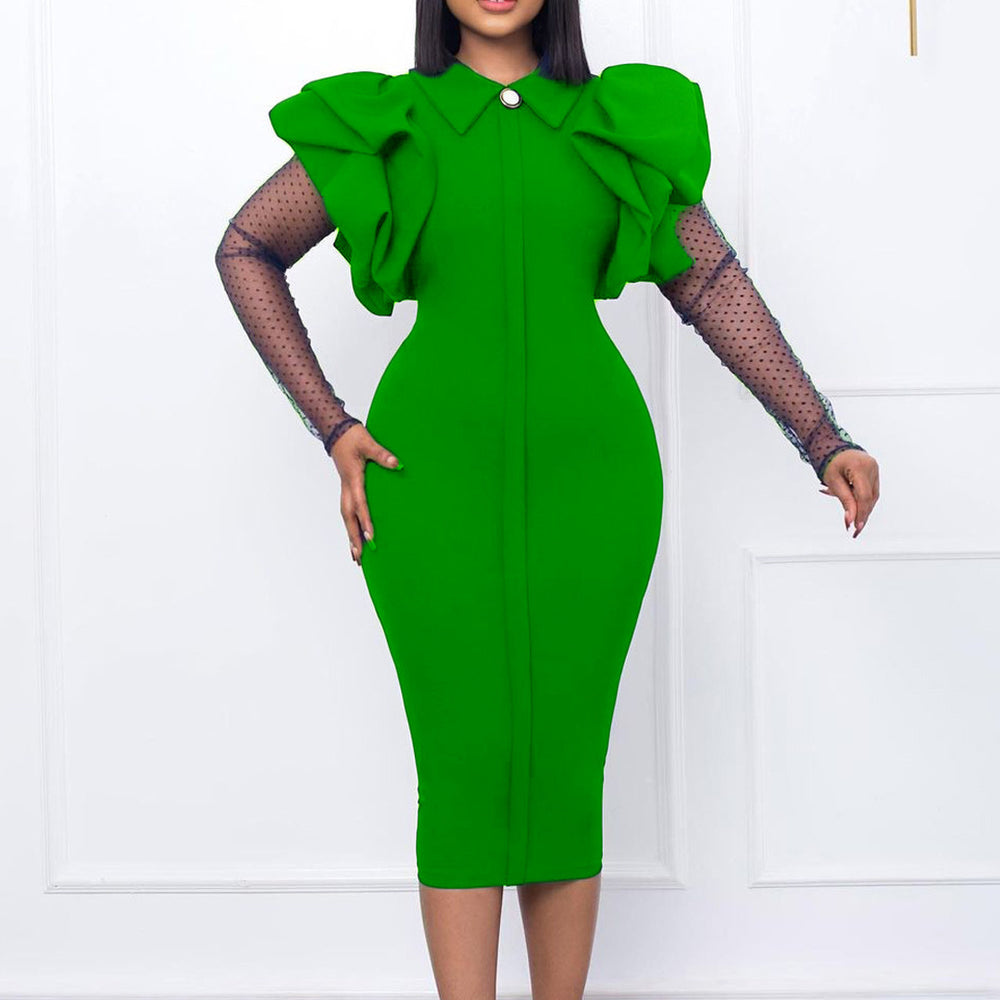 Q095 european and american autumn/winter new women's cross-border mesh patchwork pleated ol elegant commute plus size african dress