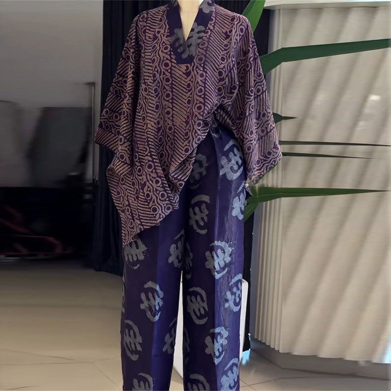 European and american women's clothing  summer new sweet and fresh printed v-neck batwing sleeve high-waisted straight-leg pants two-piece set