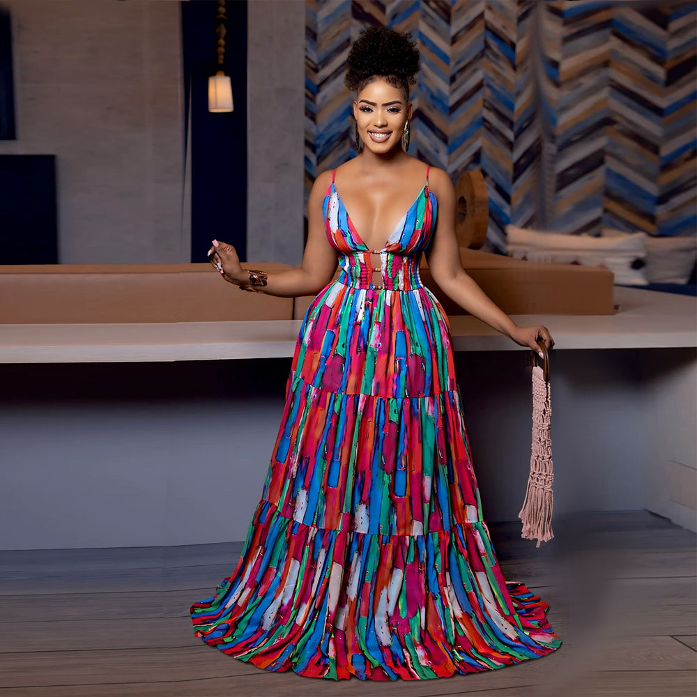 C7377 cross-border   fashion women's sexy spaghetti strap backless printed colorful dress