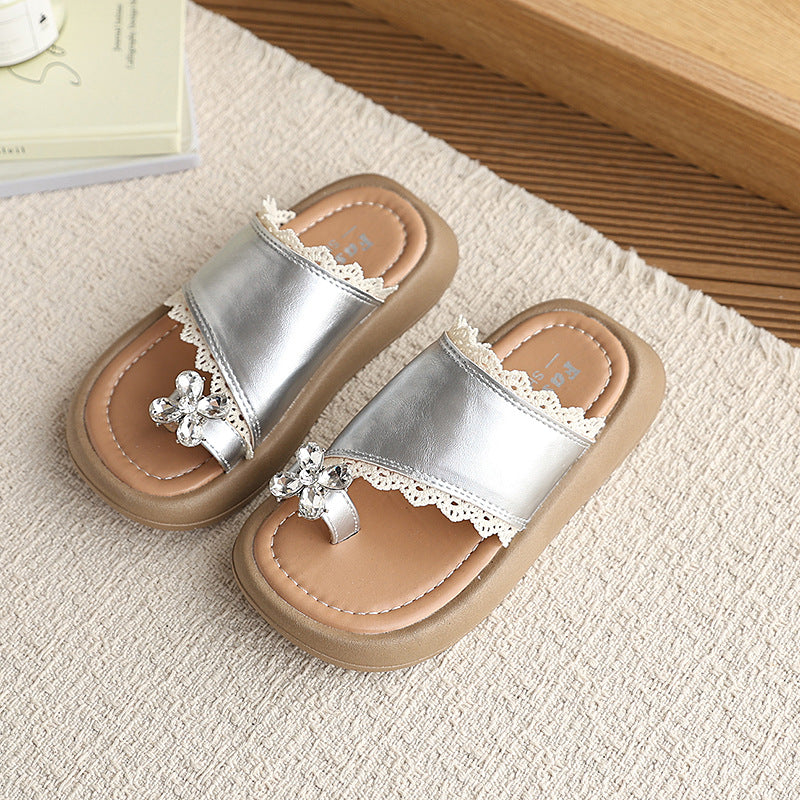 Insfrench rhinestone slippers summernew arrivalk-style girl shoes lace toe princess shoes beach sandals