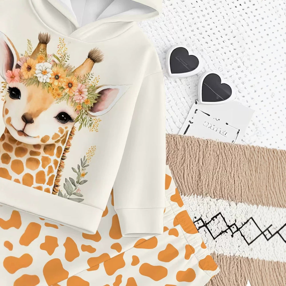 Kids' hoodie set, cross-border hot-selling cartoon animal print girls' fashion hooded sweatshirt and sweatpants set