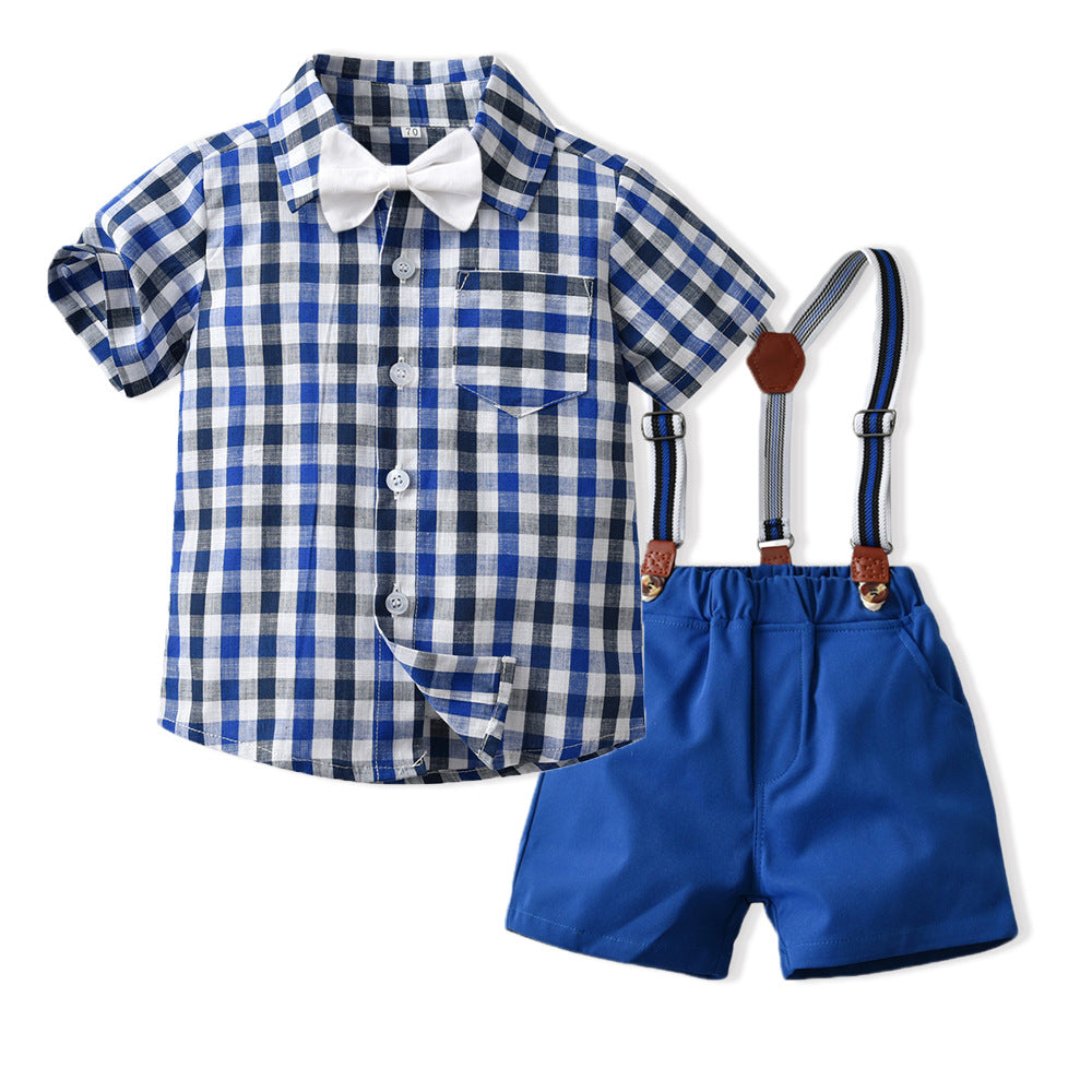 Export hot batch british baby autumn suit children's clothing short-sleeved shirt overalls two-piece set dropshipping kids dress