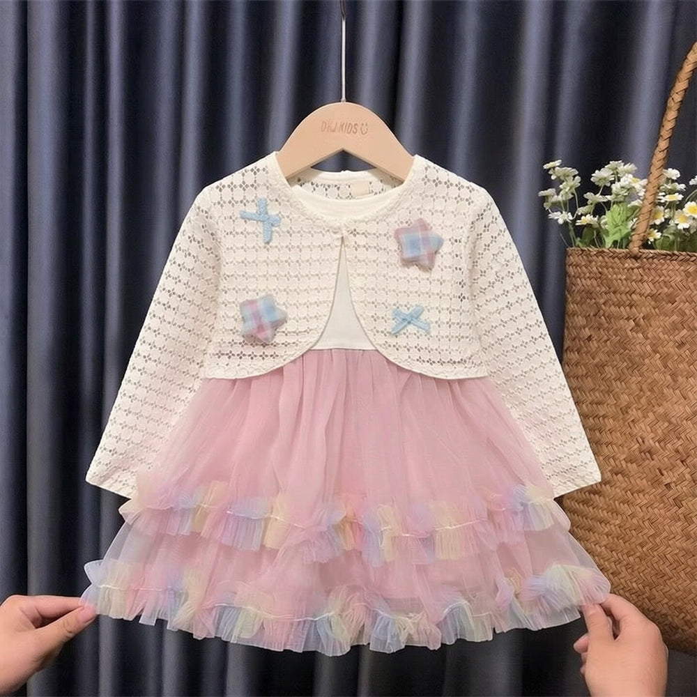 Girls' autumn outfit: korean style children's clothing, fresh plaid star pattern girl's set, hollow knit vest with gradient detail