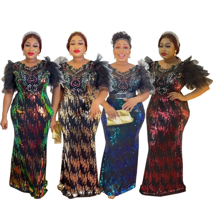 supply elastic sequin short-sleeved mermaid dress long skirt evening dress fashion african fashion women's clothing special price