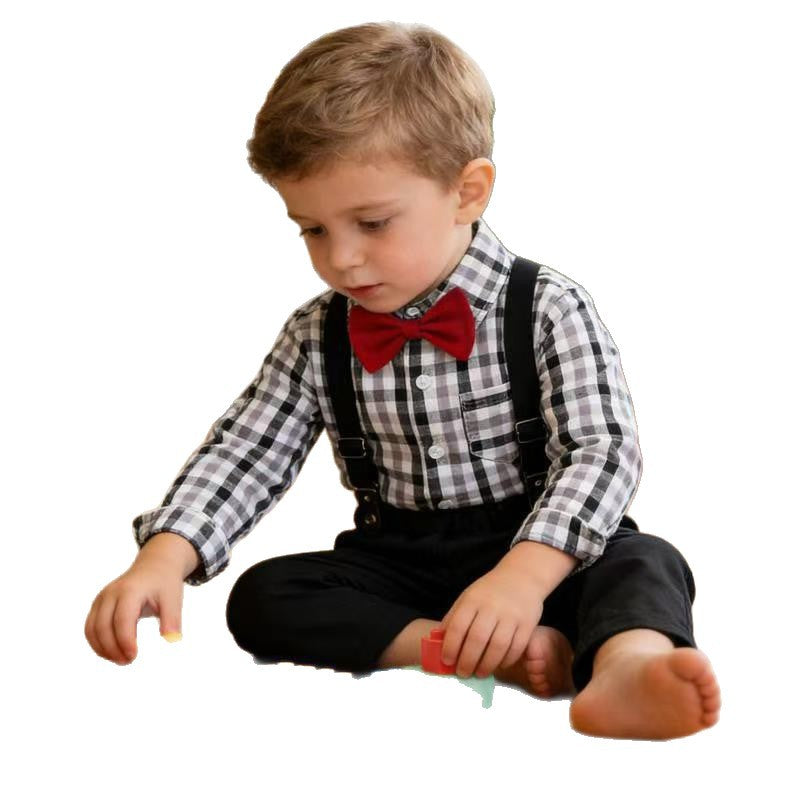 Children's spring new arrivals wholesale: british style kids' outfit - boys' plaid shirt & long-sleeve plaid shirt set