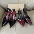 Spanish 2025 summer new arrivals: sexy hollow-out women's black patent leather ankle strap buckle pointed-toe stiletto mules