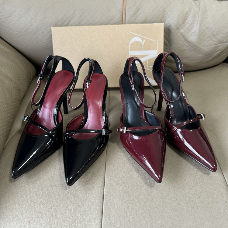 Spanish 2025 summer new pointed-toe hollow-out women's shoes - burgundy patent leather stiletto heel mules