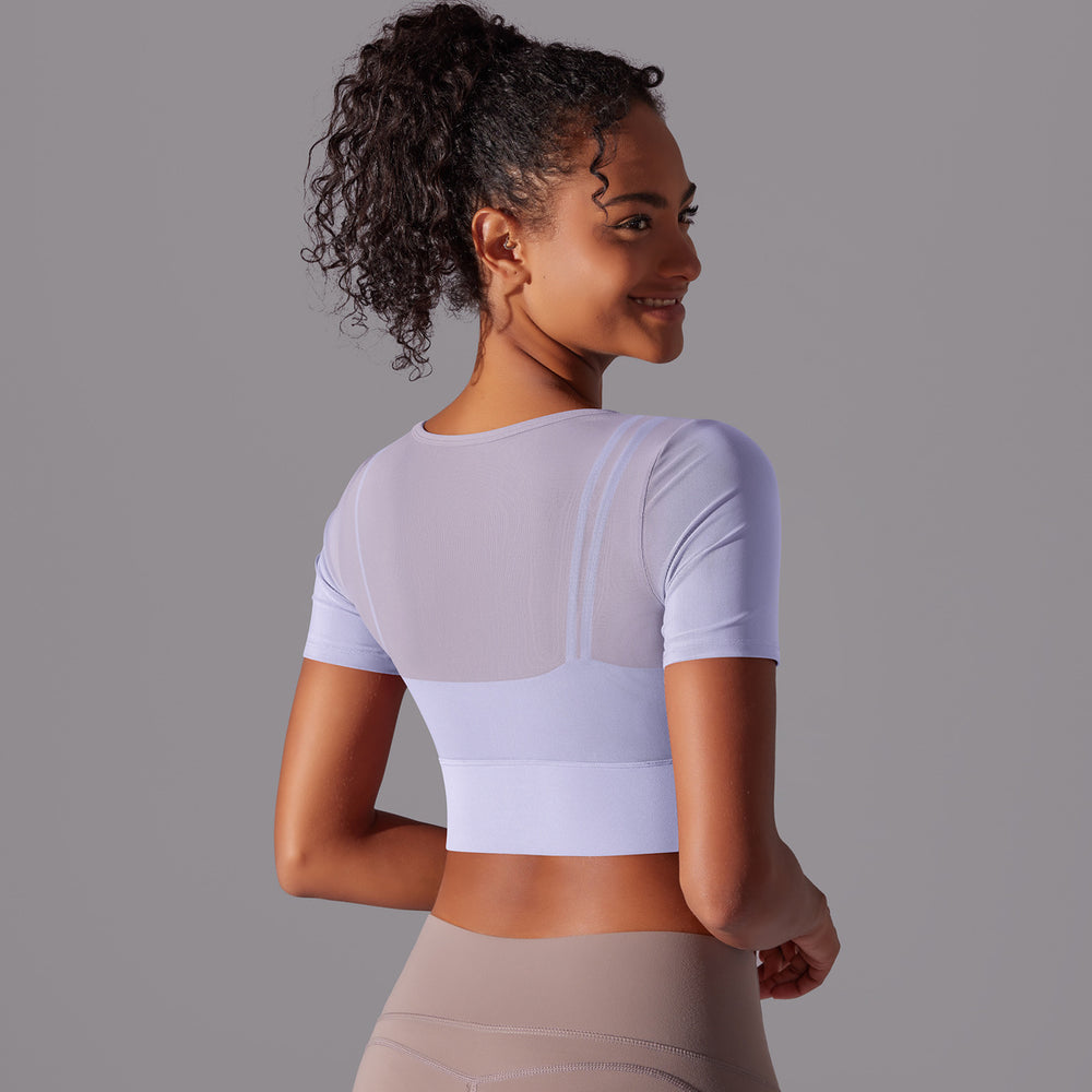 New arrival nude mesh cut out short-sleeved fake two-piece yoga top all-in-one coaster bubble wrap push-up fitness beautiful back