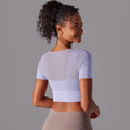 New arrival nude mesh cut out short-sleeved fake two-piece yoga top all-in-one coaster bubble wrap push-up fitness beautiful back