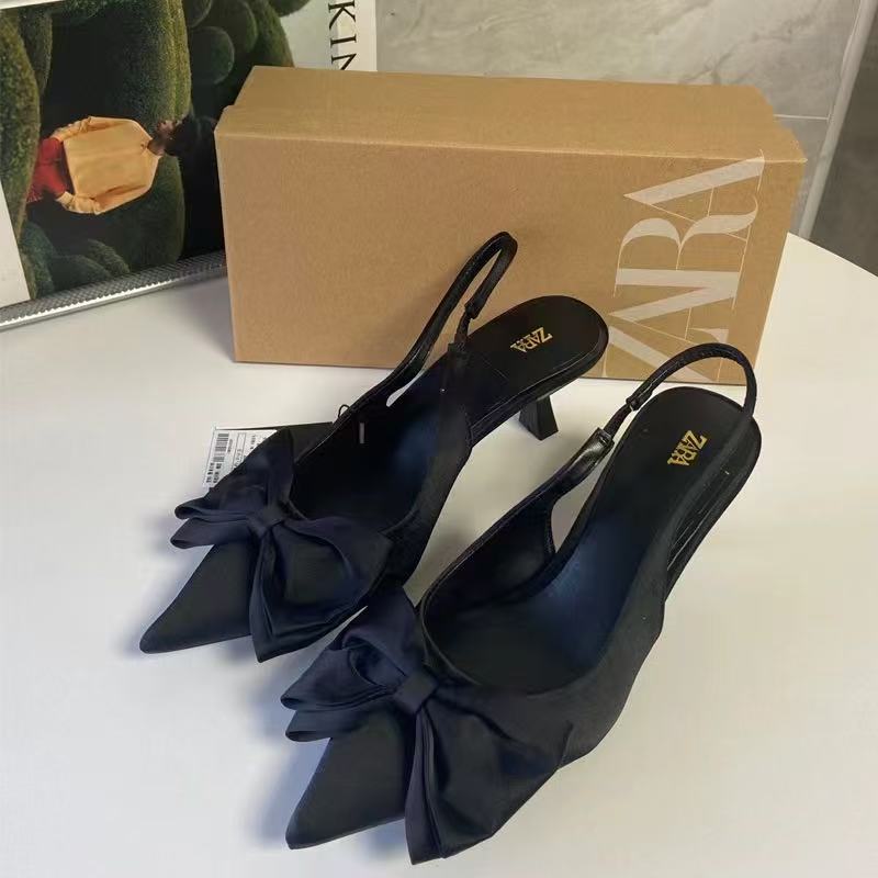Za new 2024 spring low heel women's shoes - black stiletto pointed toe pumps with bow detail, open back fashion sandals