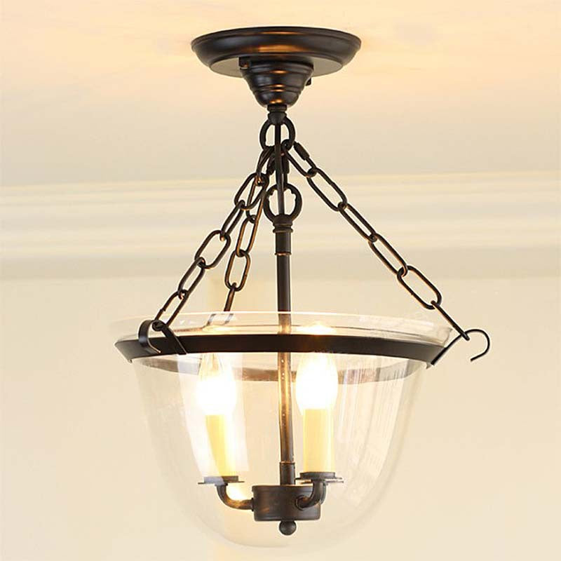 American country retro glass cover black iron chain ceiling lamp loft cafe aisle cloakroom