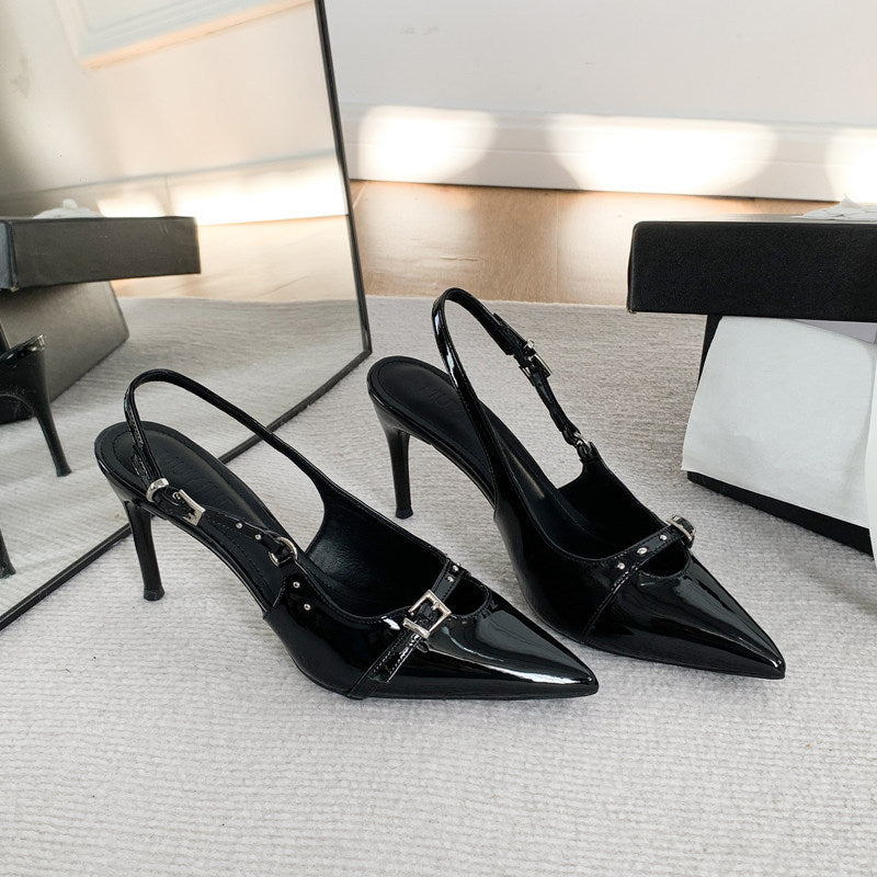 2026 spring/autumn new collection: closed-toe high heel sandals - black, elegant, versatile, unique rivet detail, patent leather stiletto, open back