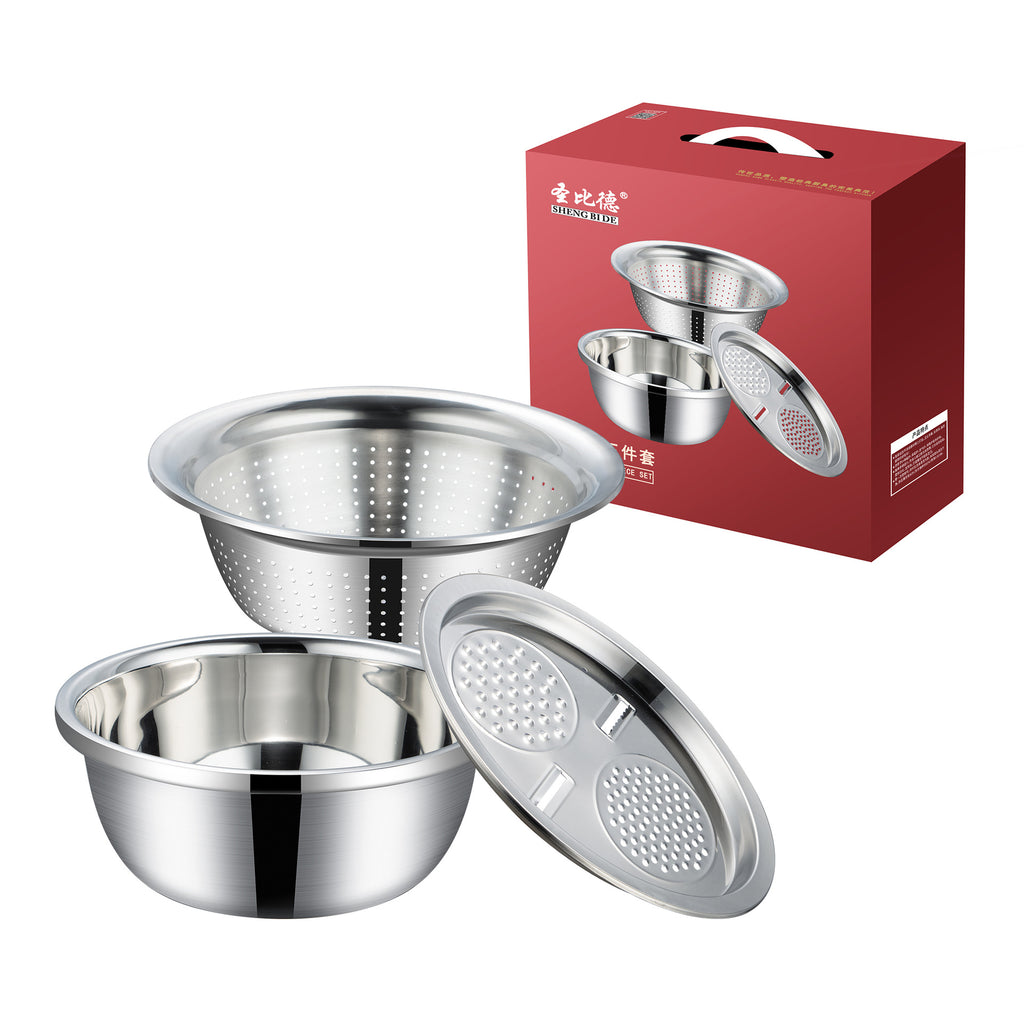 Stainless steel basin, vegetable washing basin, drain basket with planed wire cover, soup basin and noodles, egg washing, rice sieve set, kitchen household