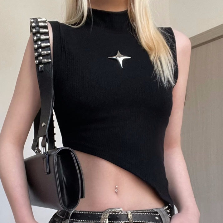 European and American fashion metal five-pointed star decorative splicing semi-turtleneck sleeveless beveled slim top Spice girl vest
