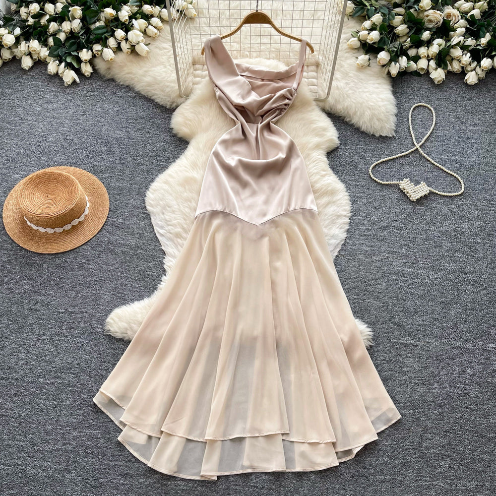 French riviera style sleeveless satin one-shoulder dress - women's summer high-waisted patchwork elegant maxi dress