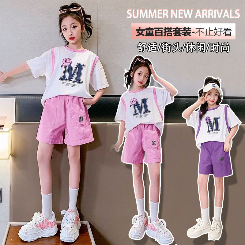 Girls' short-sleeve outfit:  summer new arrival - casual, simple, versatile, trendy, loose-fit, comfortable two-piece set for girls