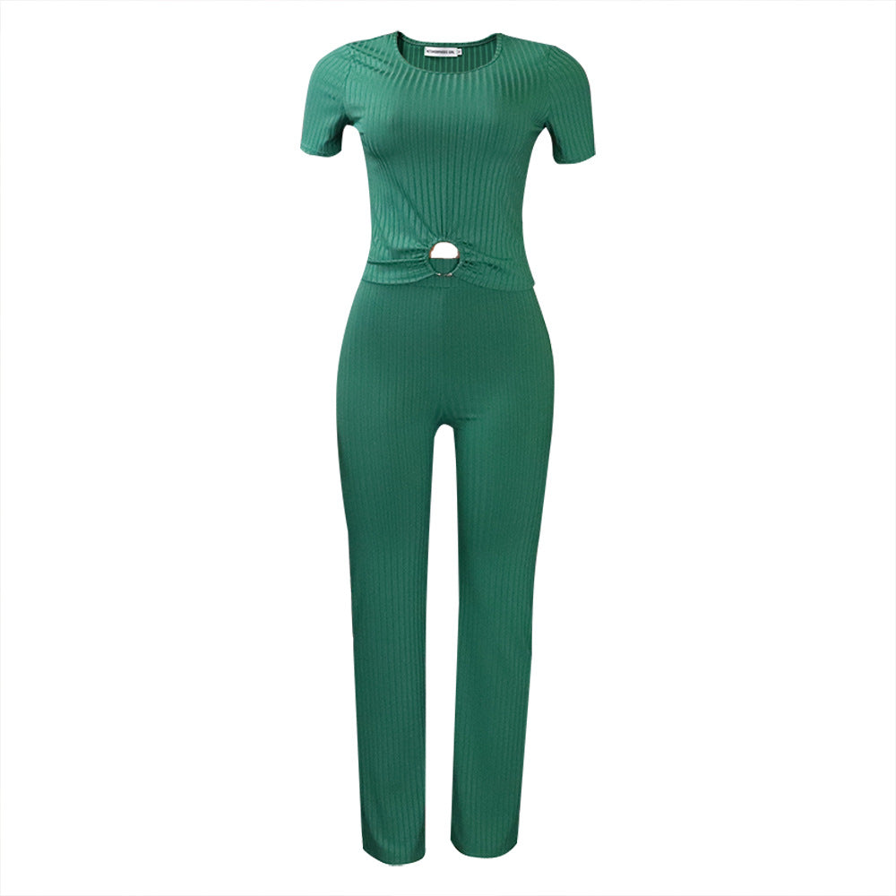 D277 cross-border sourcing:   summer new arrival - solid color ribbed casual fashion set, european and american style two-piece outfit