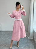 European and american cross-border  sakura pink chanel-inspired two-piece women's outfit: round neck a-line midi skirt with ruffle trim dress