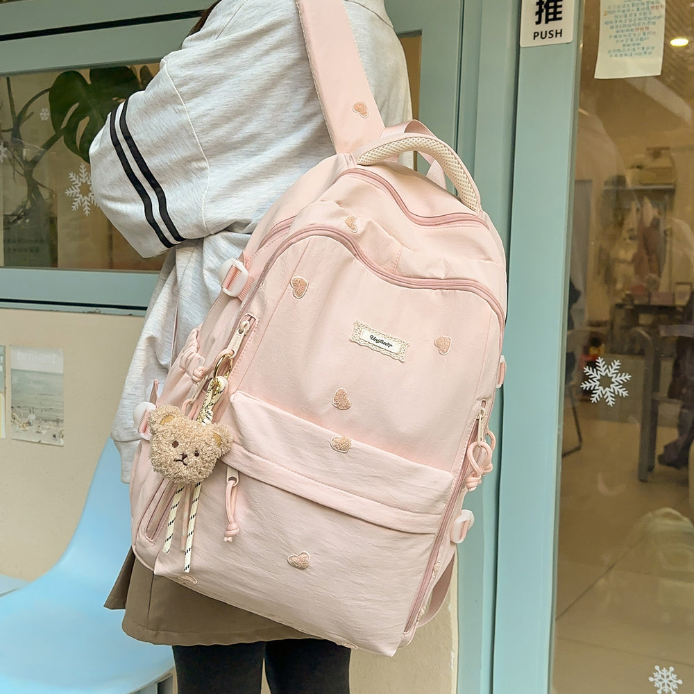 Heart embroiderypure color backpackcute style junior high school and college student backpack macaron color large capacity school bag