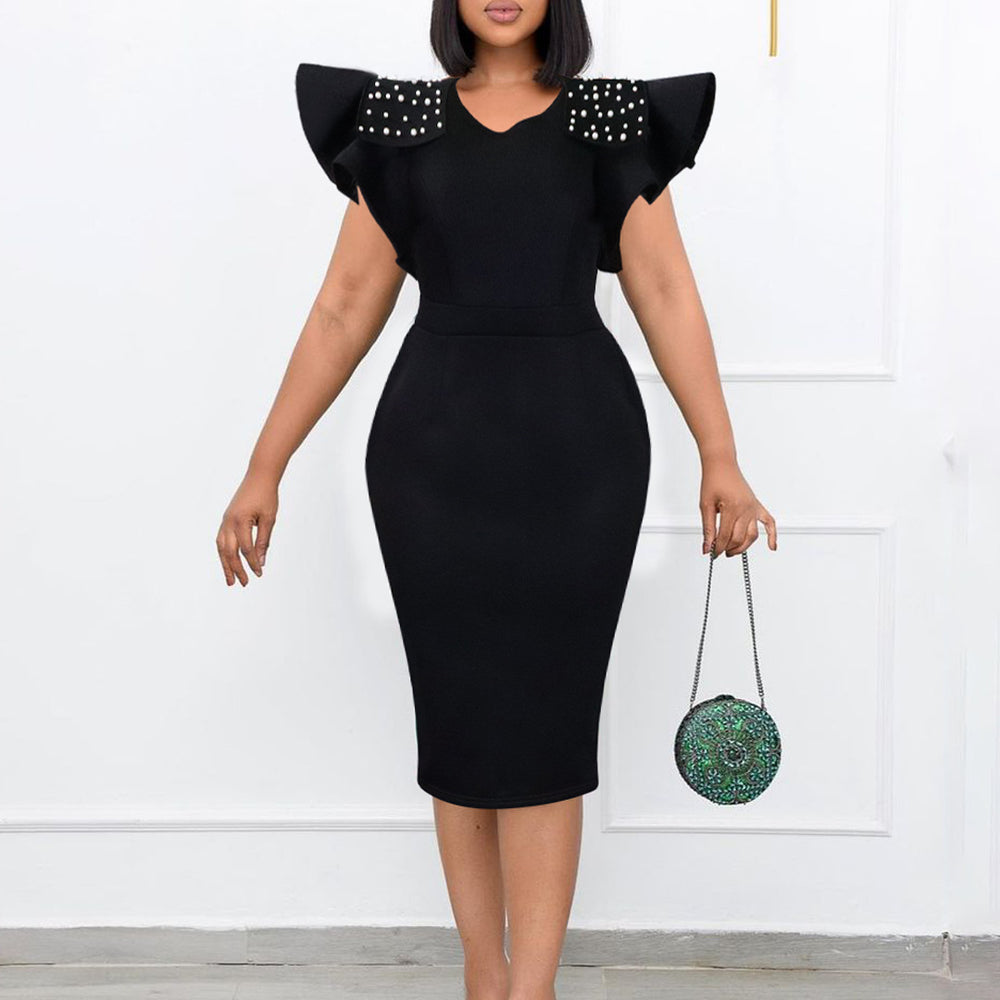 Plus size women's fashion: new  round neck ruffle sleeve slit beaded bodycon office lady dress - european & american style