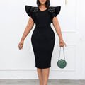 Plus size women's fashion: new  round neck ruffle sleeve slit beaded bodycon office lady dress - european & american style