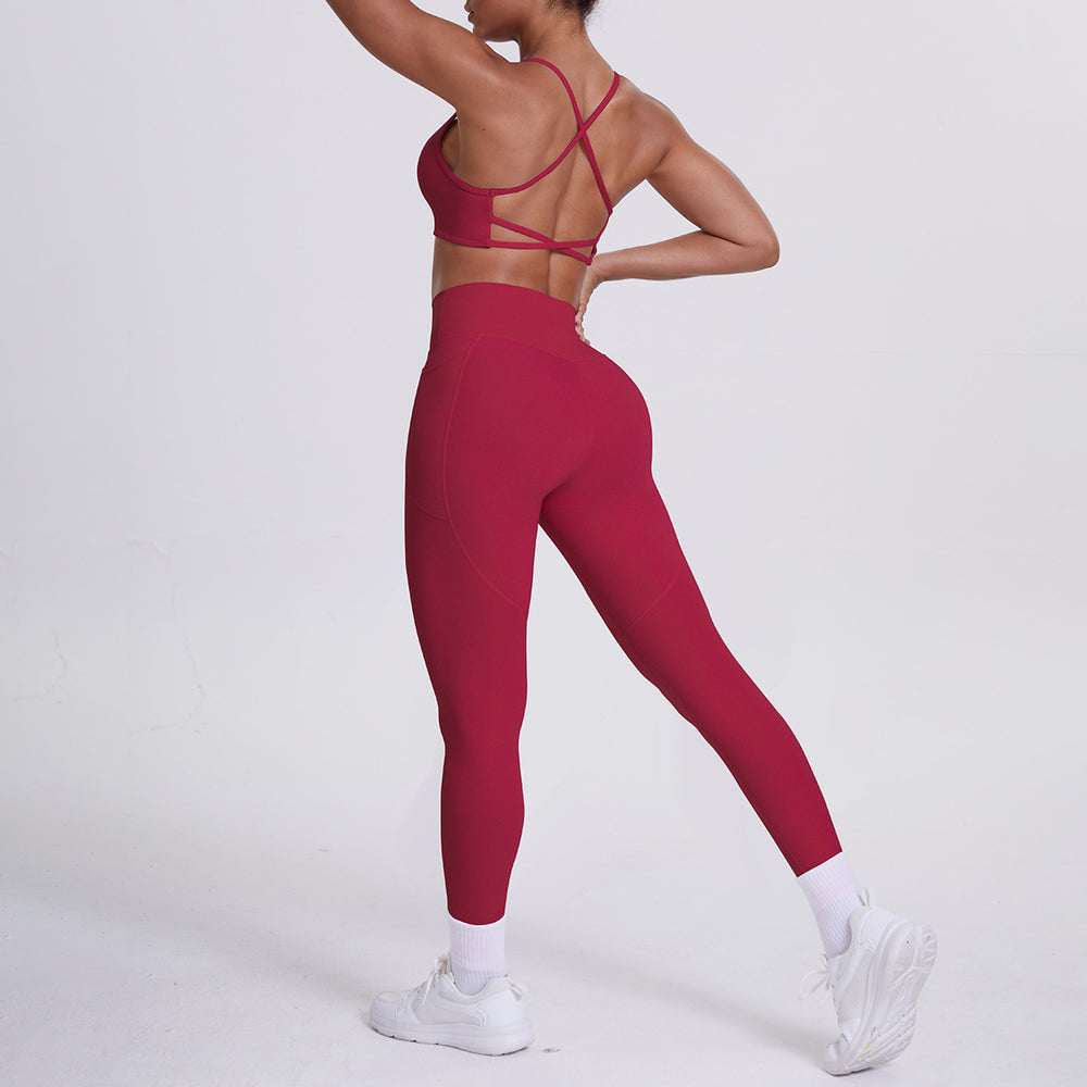 double-sided nylon beautiful back tight cross beautiful back flap pocket pants sports yoga suit running fitness two-piece set