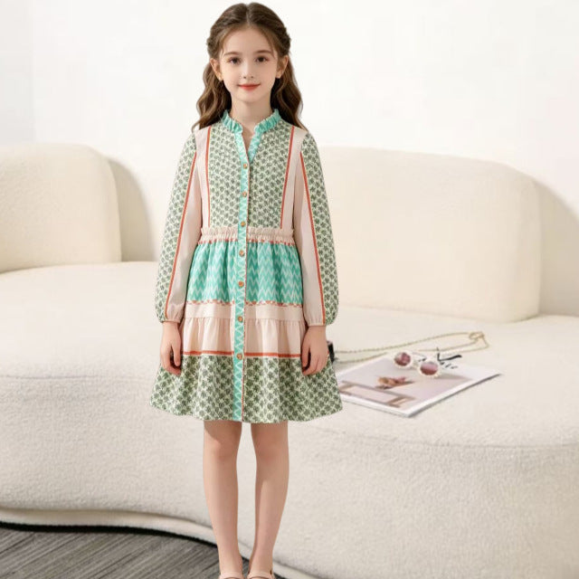 girls' dress  autumn  new arrival: pastoral style color block print long sleeve flared shirt dress
