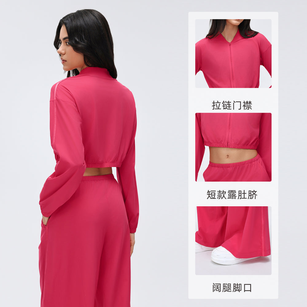 Women's outdoor sports fitness outfit set - lightweight long sleeve zip-up jacket & loose fit straight leg casual active pants