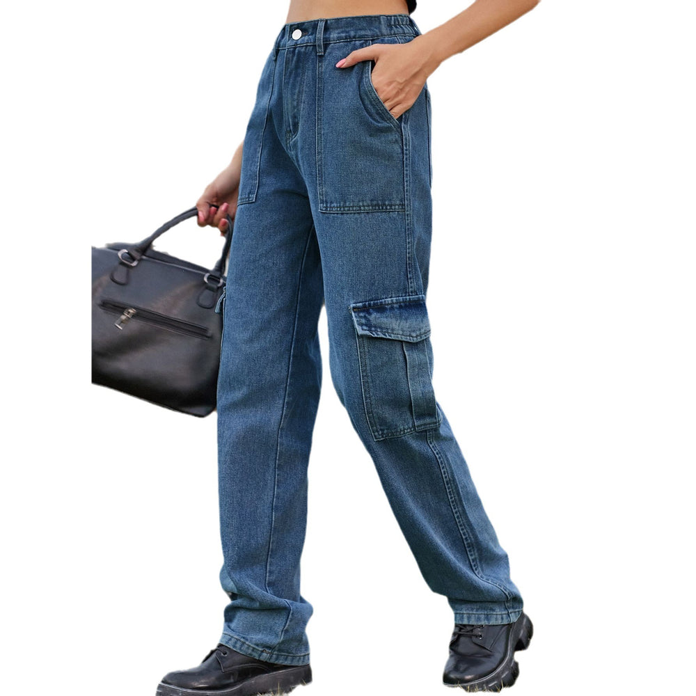 American retro european and american cross-border  new washed semi-elastic design stylish denim workwear casual pants for women