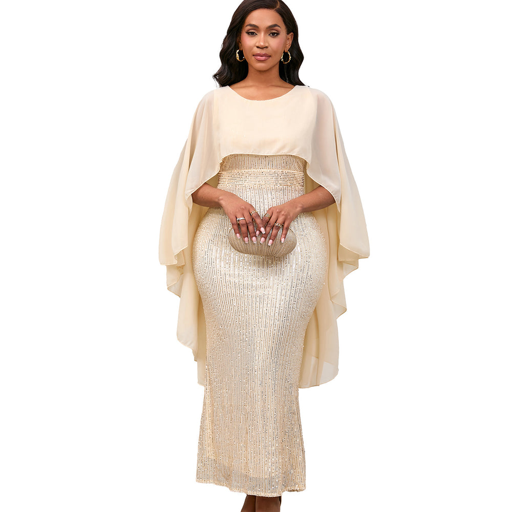 D556 european and american style spring new fashion chiffon cape sequin bodycon maxi dress banquet party gown