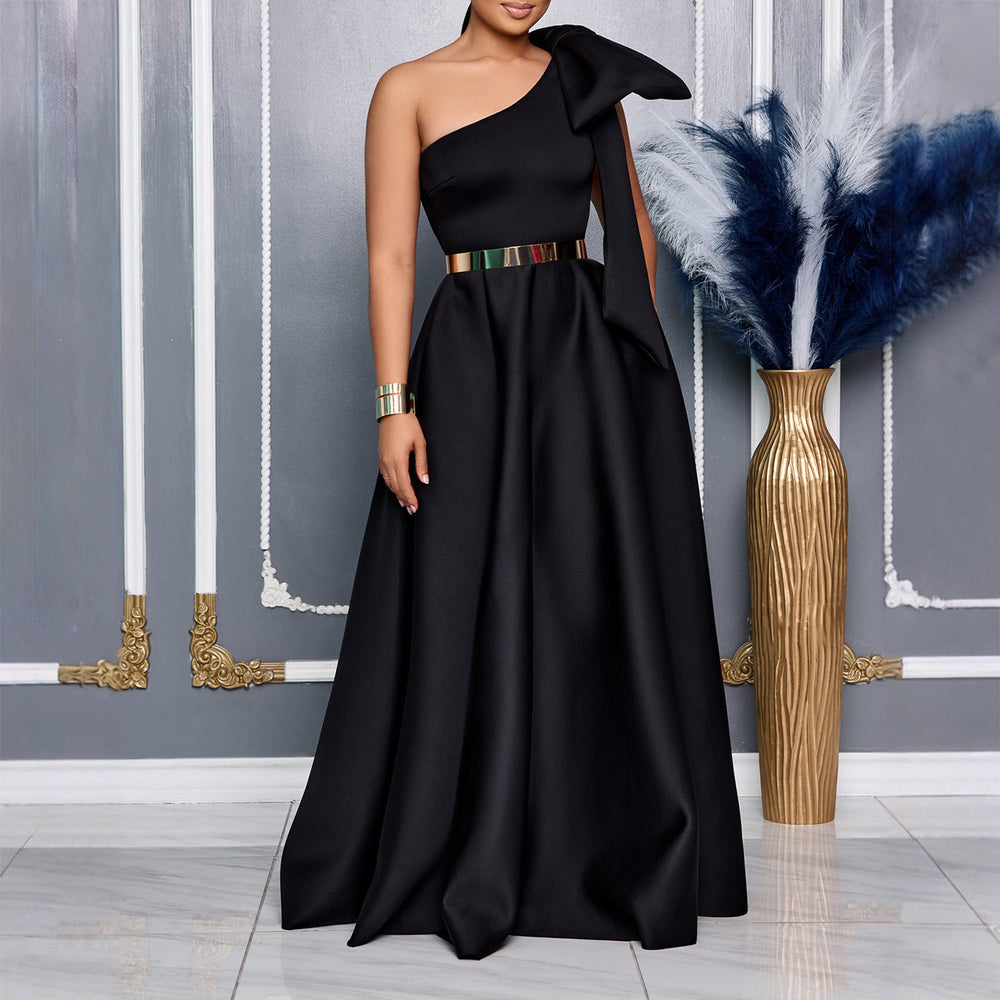 C8613exportfashion summer new arrivalelegantfashion oblique shoulder bow banquet dress long skirt african dress
