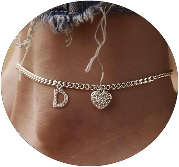 Amazon exquisite silver initial anklet - minimalist personalized letter anklet with cz heart cuban chain