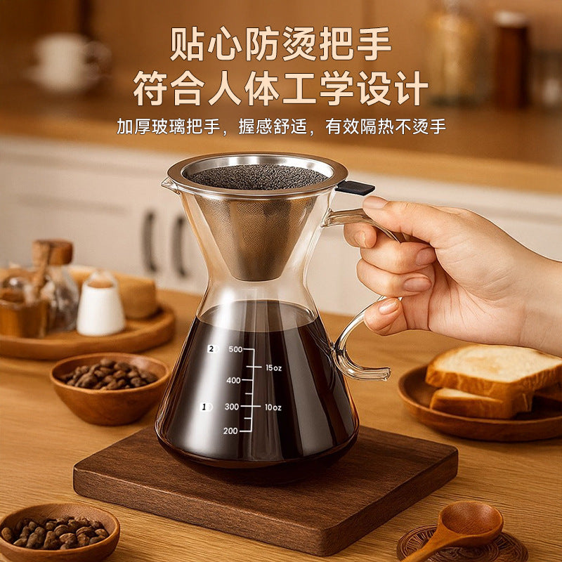 Glass pour-over coffee maker with stainless steel filter, drip coffee filter cup, sharing carafe, coffee maker set