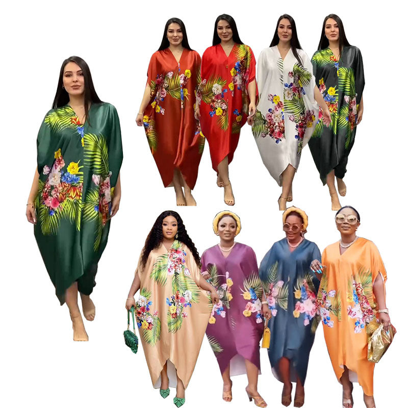 Faux silk printed loose fit plus size women's african style batwing sleeve maxi dress