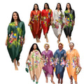 Faux silk printed loose fit plus size women's african style batwing sleeve maxi dress