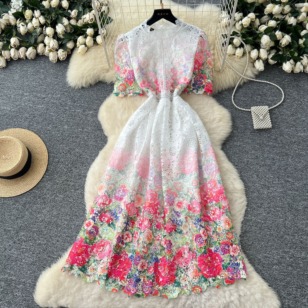 Luxury french-style gradient print dress - women's summer heavy-duty hollow-out crochet dress - elegant and sophisticated maxi dress