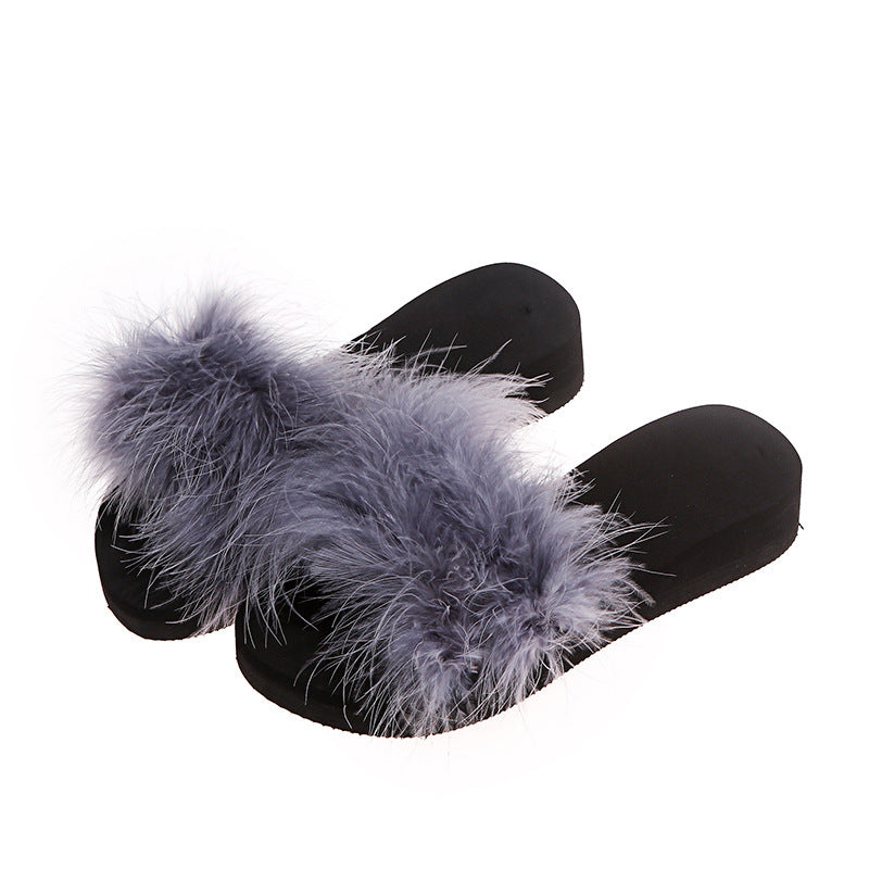 Wholesale processing of turkey feather slippers, women's real fur flip-flops, fur fur sandals, thick-soled sandals, cross-border slippers