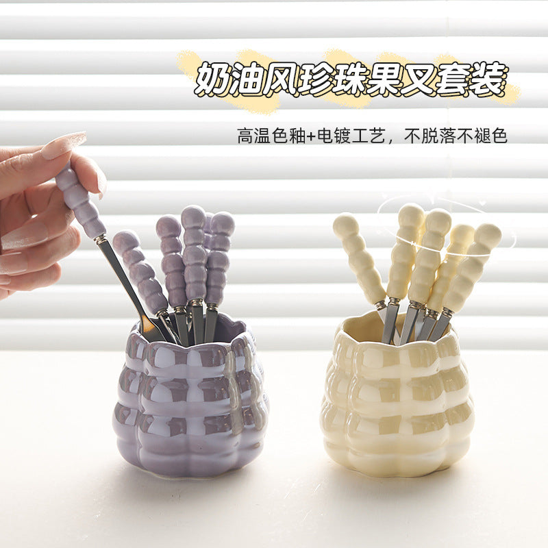 Influencer-approved creamy fruit fork set: electroplated, luxe storage jar, high-value coffee table decor, fruit picks