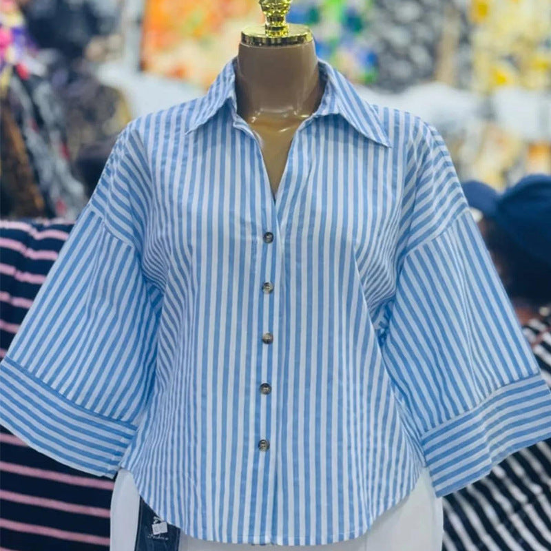 European and american cross-border women's fashion:  spring new arrivals - stylish, designer-inspired, unique turn-down collar, loose-fit striped blouse