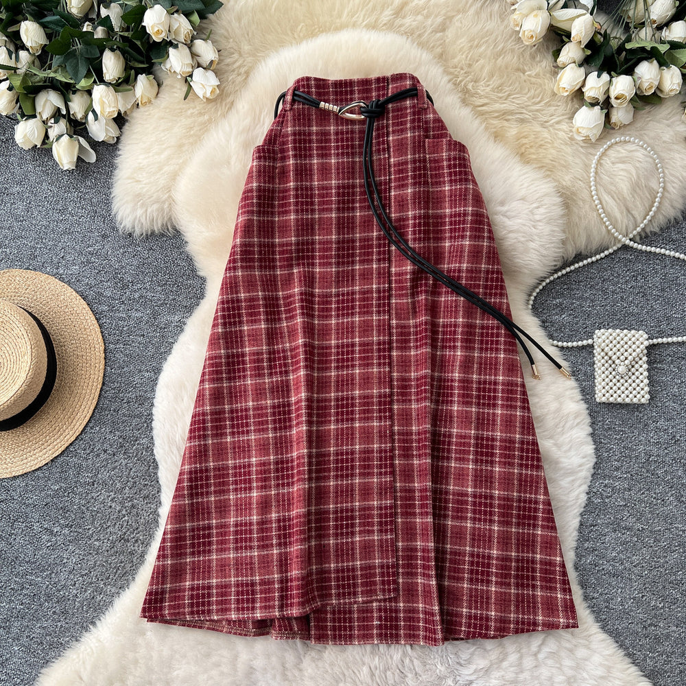 Vintage plaid patchwork a-line midi skirt - women's high-waisted, slimming, commute-friendly, elastic waist skirt - autumn  collection