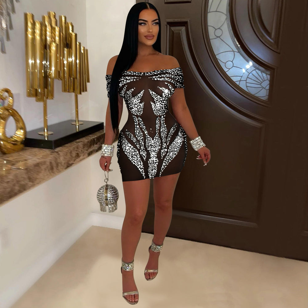 C6926 cross-border   independent station fashion women's sexy hot diamond see-through dress