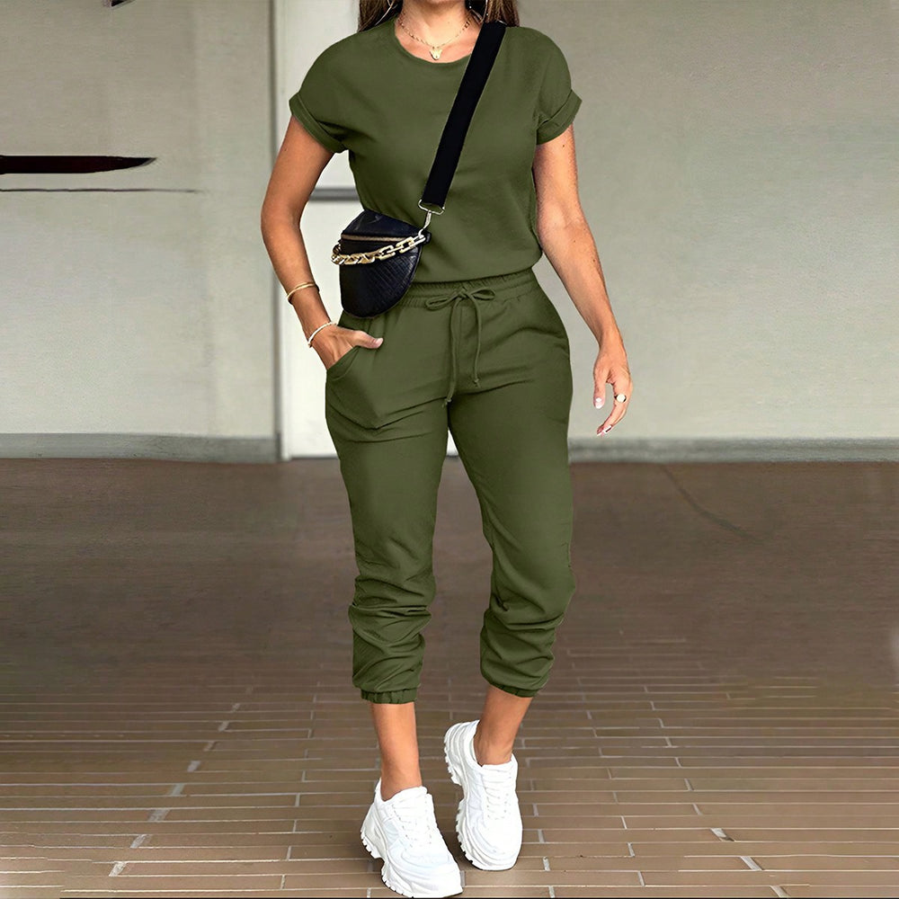 Amazon cross-border e-commerce fashion casual women's solid color crew neck top and multi-pocket pants set - versatile style