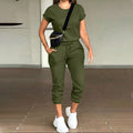 Amazon cross-border e-commerce fashion casual women's solid color crew neck top and multi-pocket pants set - versatile style