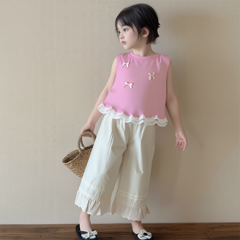 Girls' sleeveless lace-trimmed summer top,  new style: stylish sleeveless lace tank top with bow detail, versatile vest